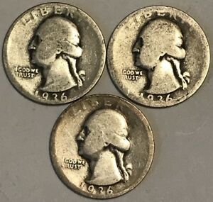 Three 1936 Washington Silver Quarters showing average wear from circulation