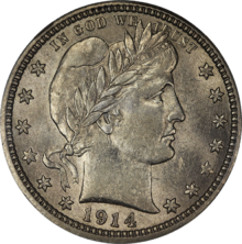 1914 Barber Silver Quarter Obverse